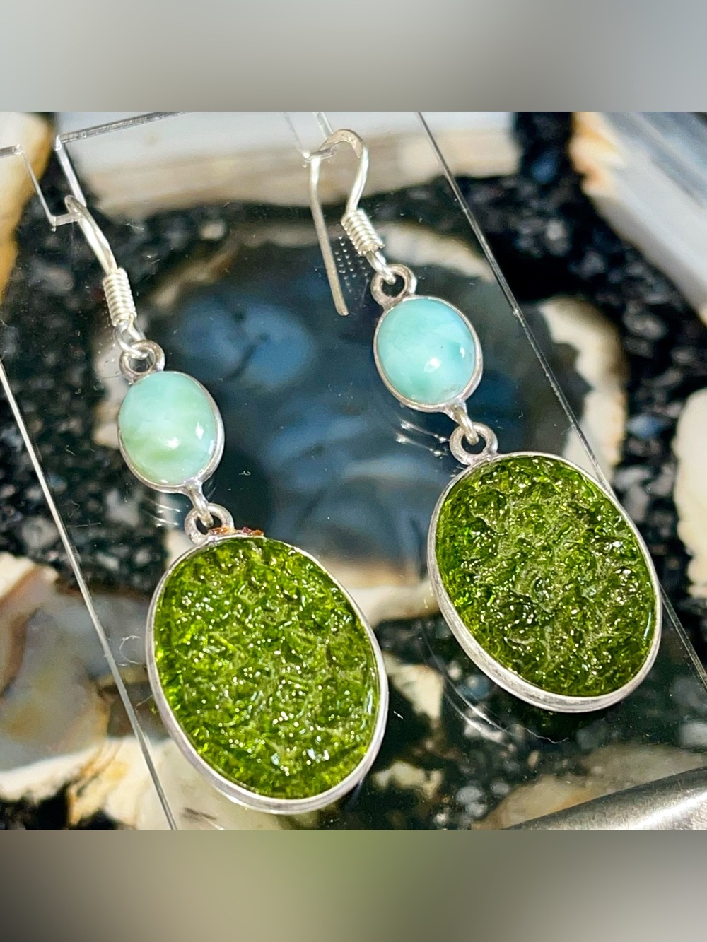 Larimar & Green Dichroic Earrings 2 1/2” (#1)